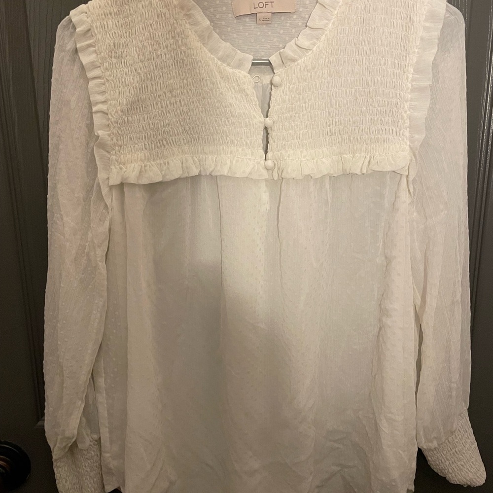 LOFT Women's Dotted Whisper White Blouse - Sz Small, Whimsical and Flirty
